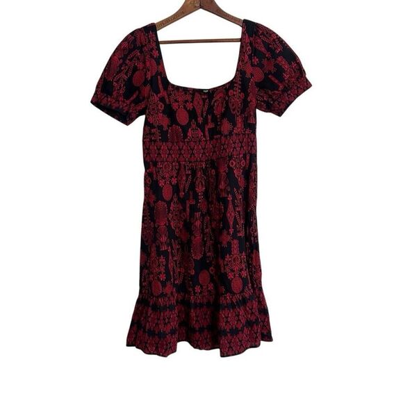 H&M Square Neck Puff Sleeve Patterned Peasant Mini Dress Red Black Size 6 - Picture 1 of 8